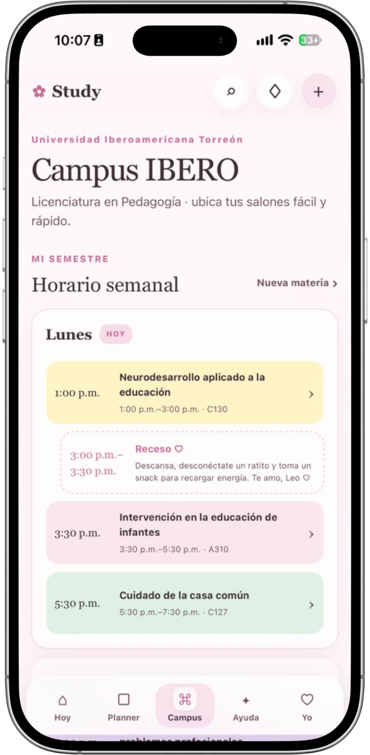 Horario universitario de Academic Quest en un iPhone