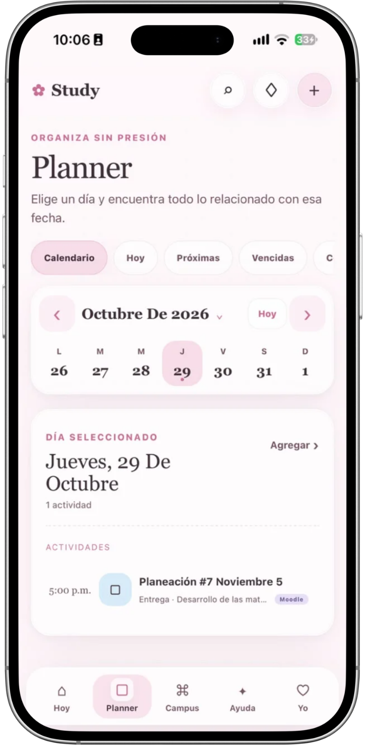 Planner y actividades de Academic Quest en un iPhone