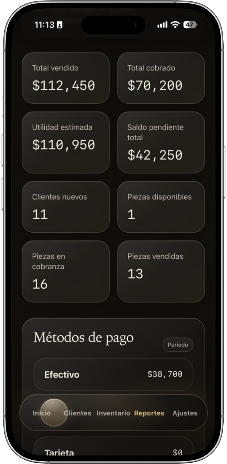 Reporte de ventas y cobranza de D’OR OS en un iPhone