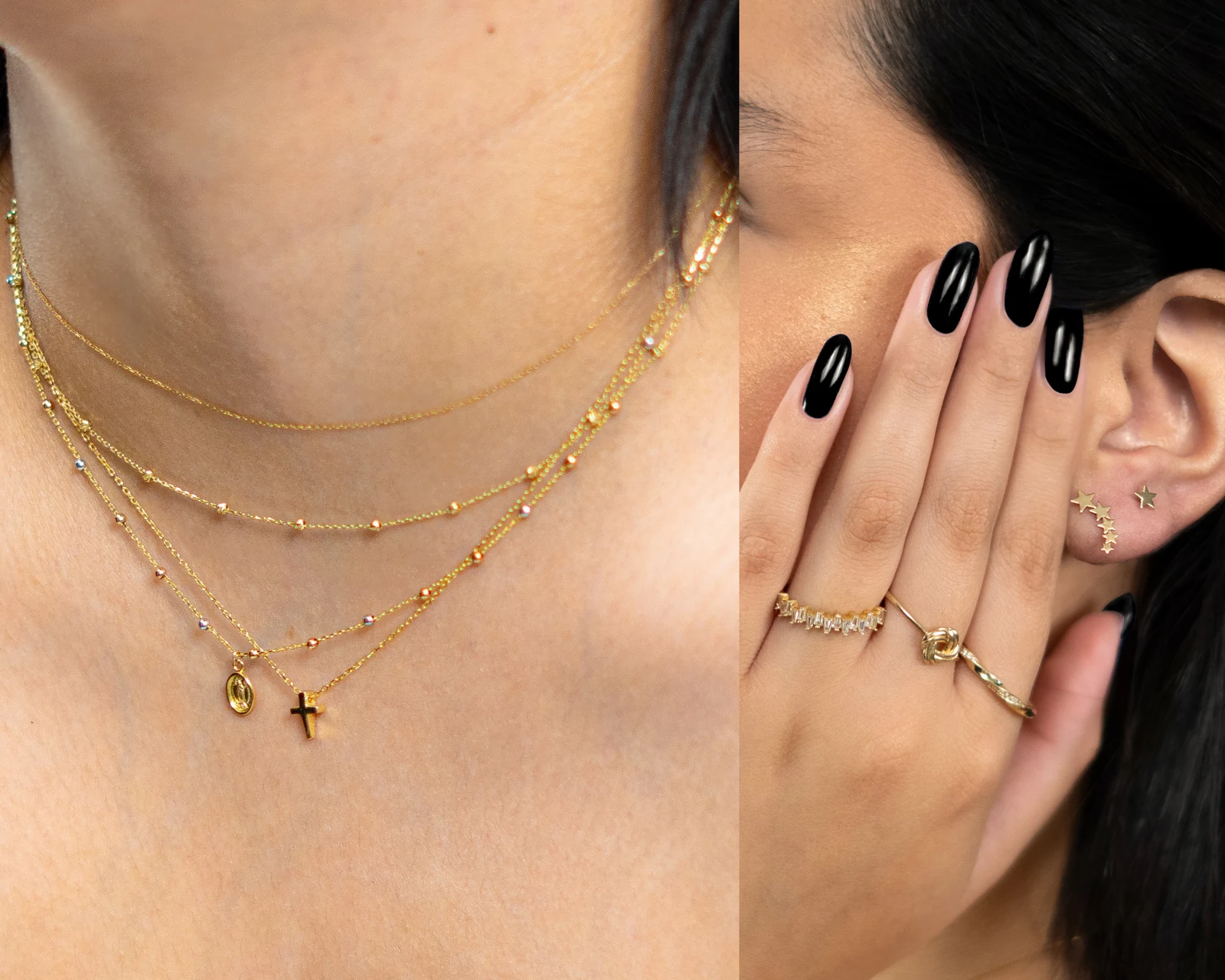 Collares, anillos y aretes dorados en la portada editorial de D’OR