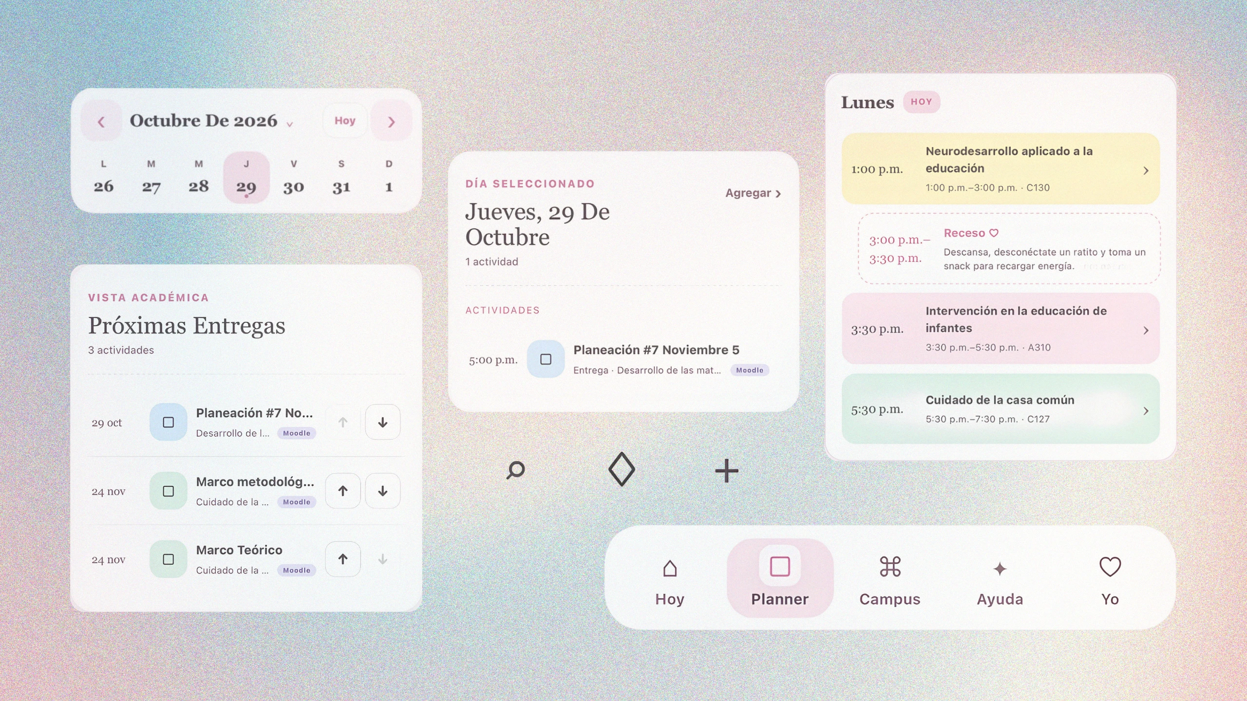 Interfaz de Academic Quest con calendario, entregas, clases y actividades del día.