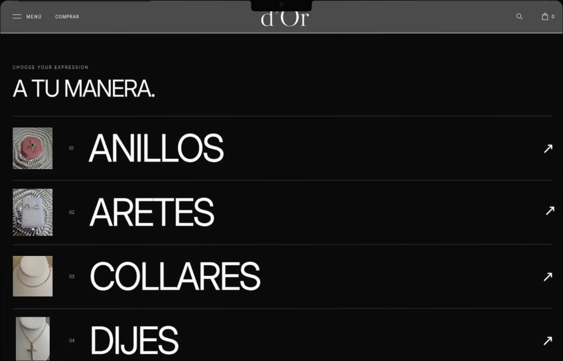 D’OR Jewelry — Colecciones: captura del sitio web.