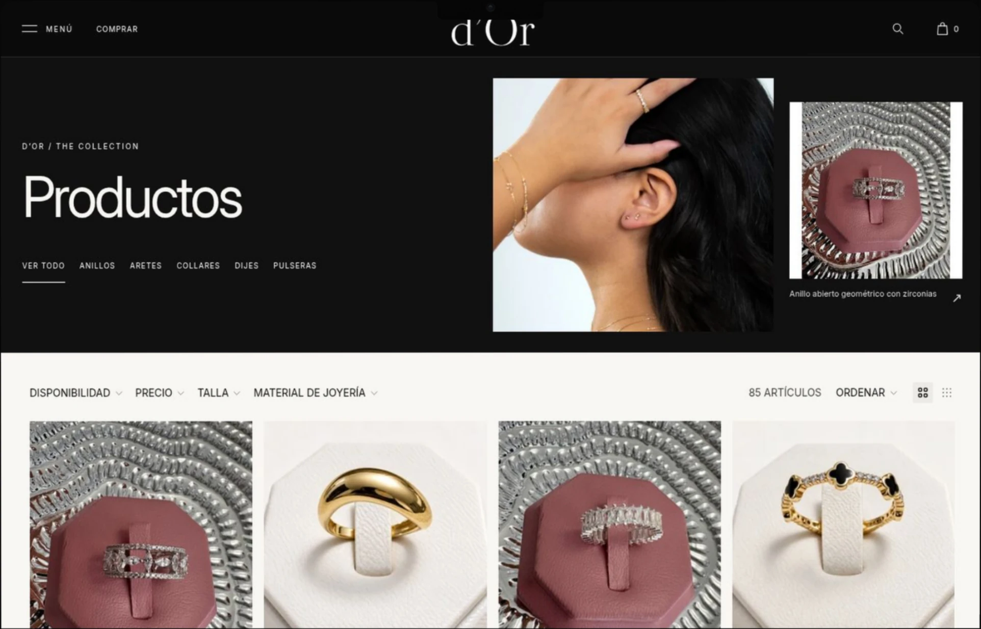 D’OR Jewelry — Catálogo: captura del sitio web.