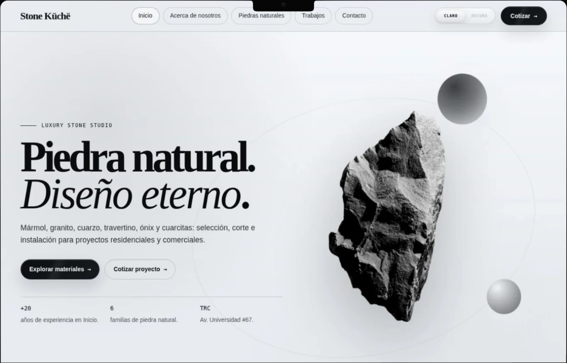 Stone Küchë — Inicio claro: captura del sitio web.