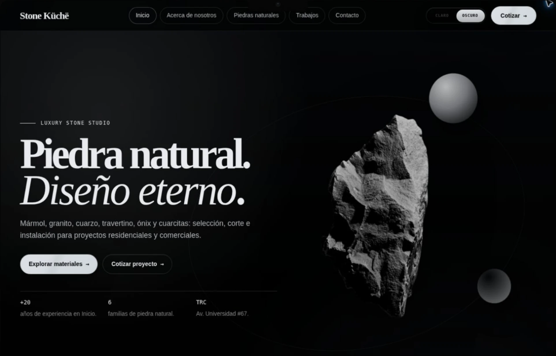 Stone Küchë — Inicio oscuro: captura del sitio web.