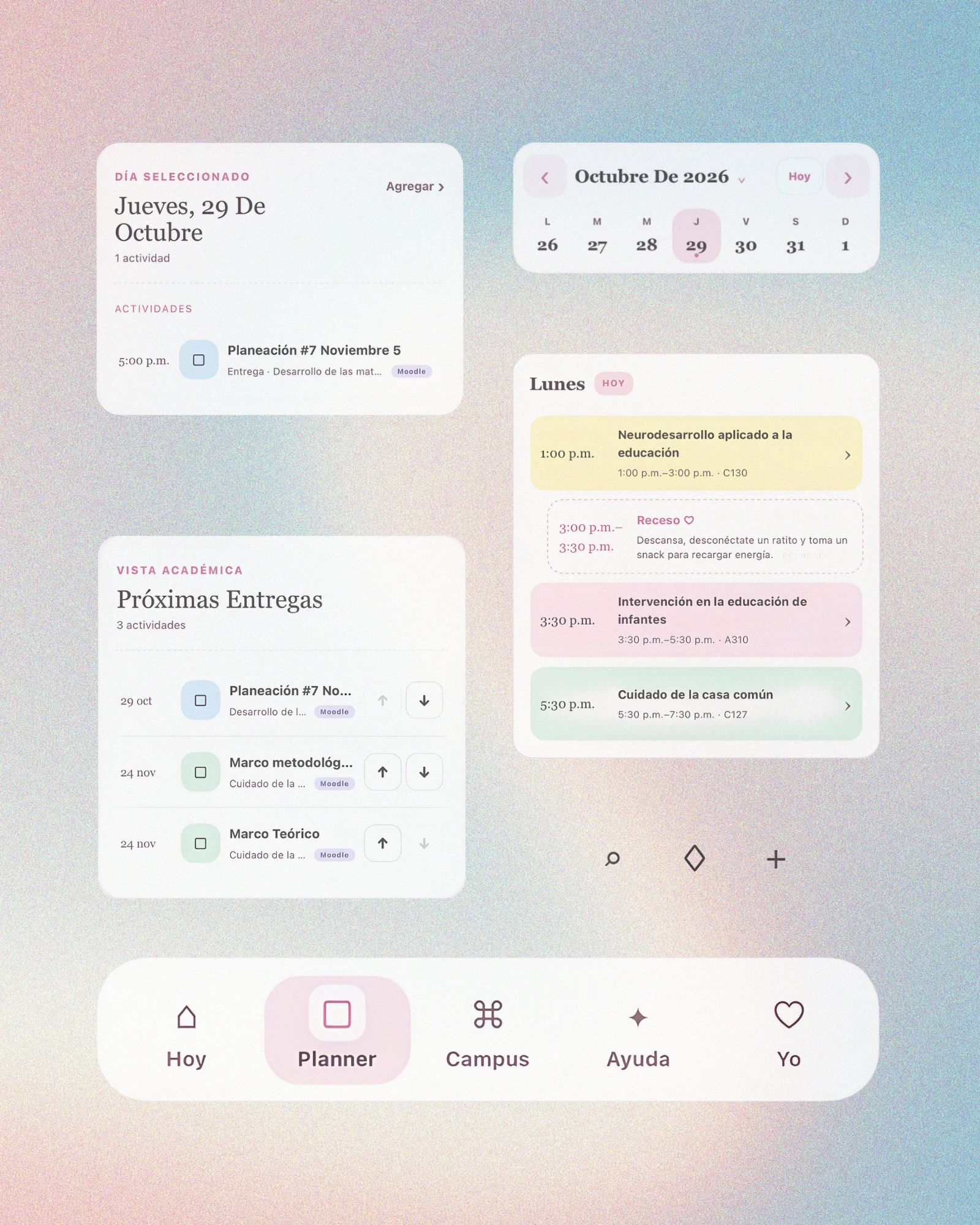 Interfaz de Academic Quest con calendario, actividades del día y próximas entregas