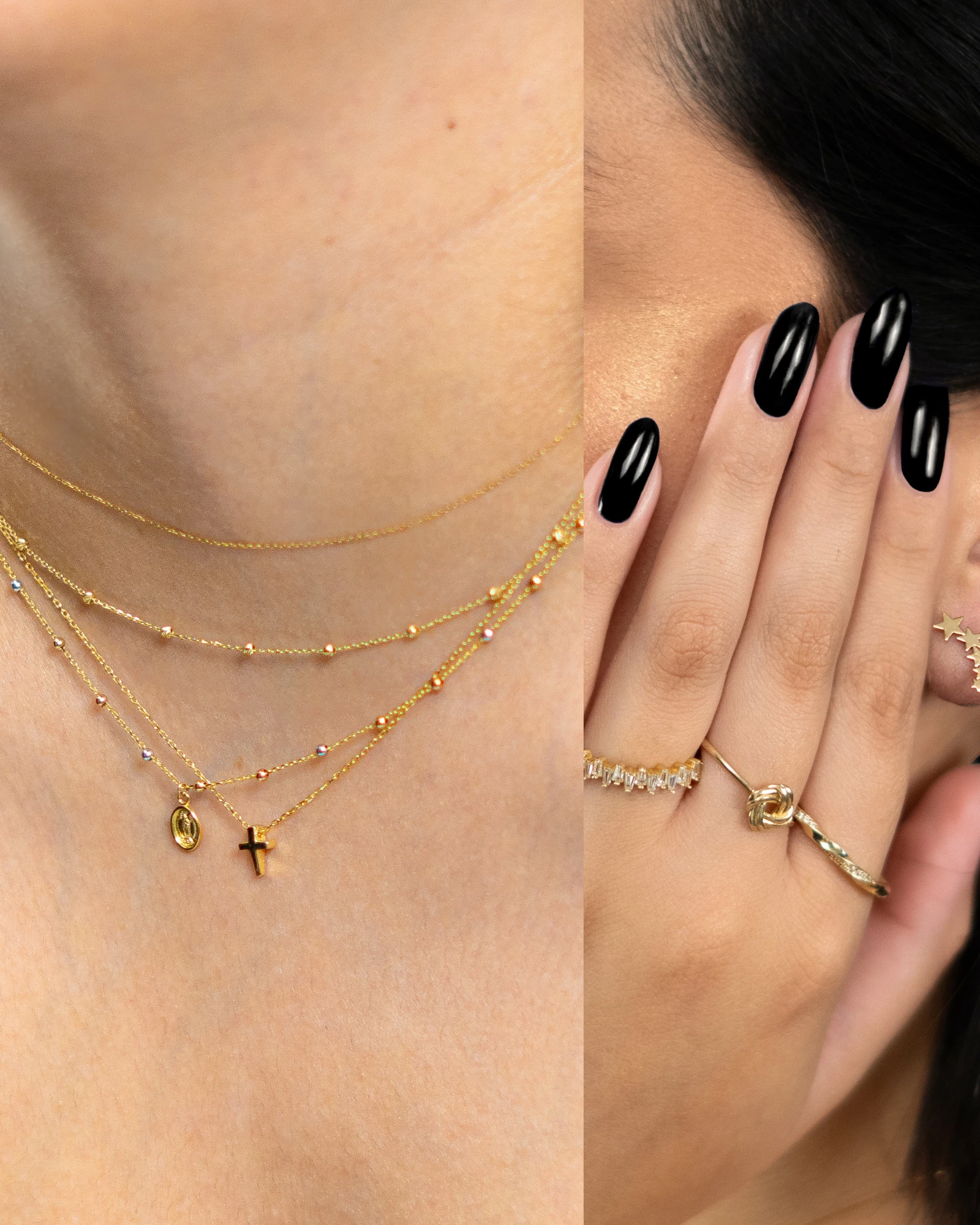 Collares y anillos dorados en la portada editorial de D’OR