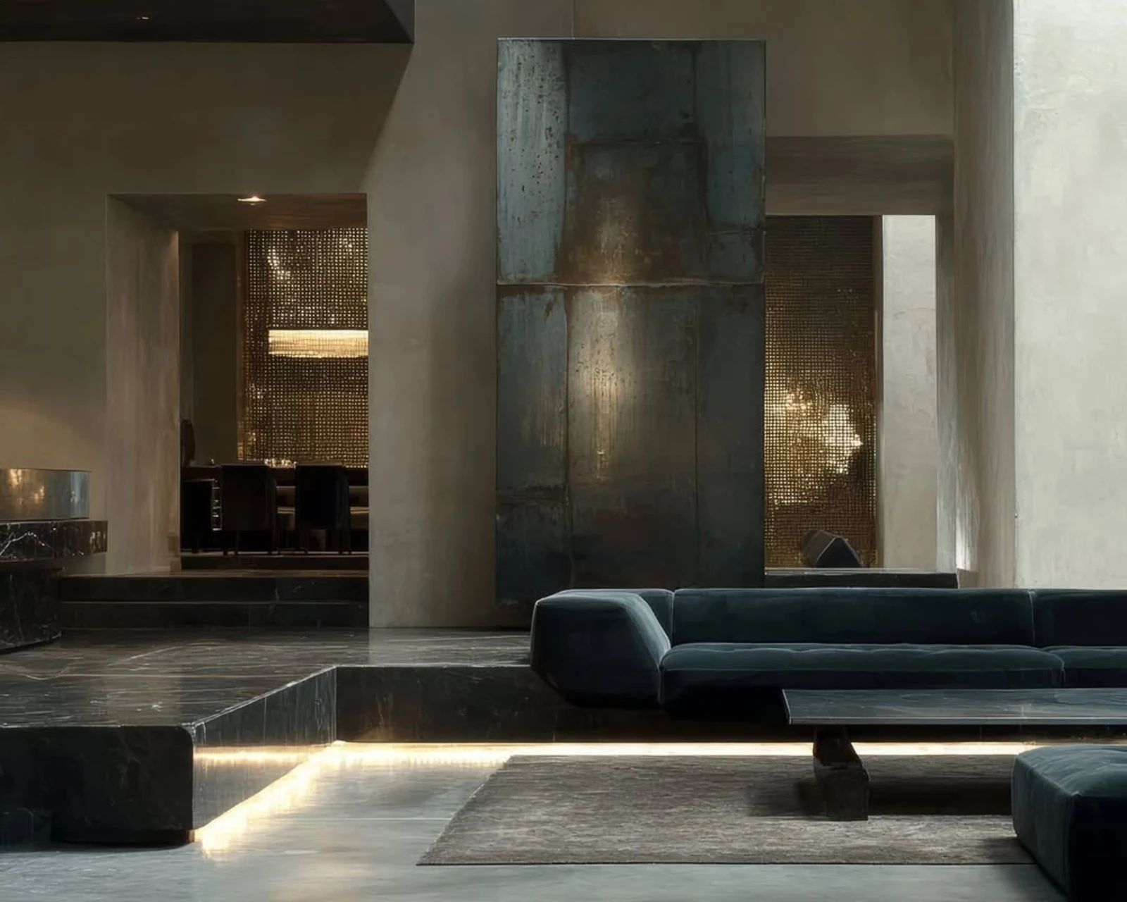 Interior contemporáneo con piedra natural, metal y luz cálida para Stone Küchë