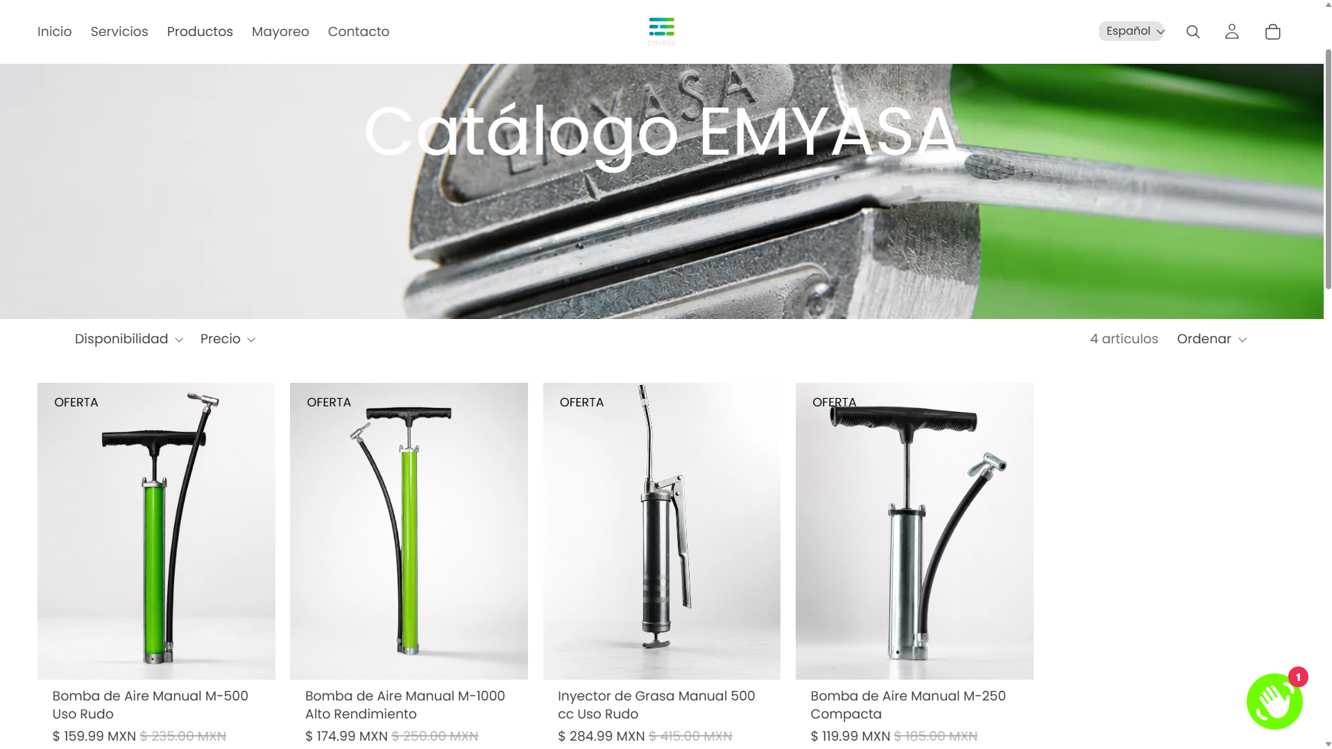 Vista del ecommerce industrial EMYASA